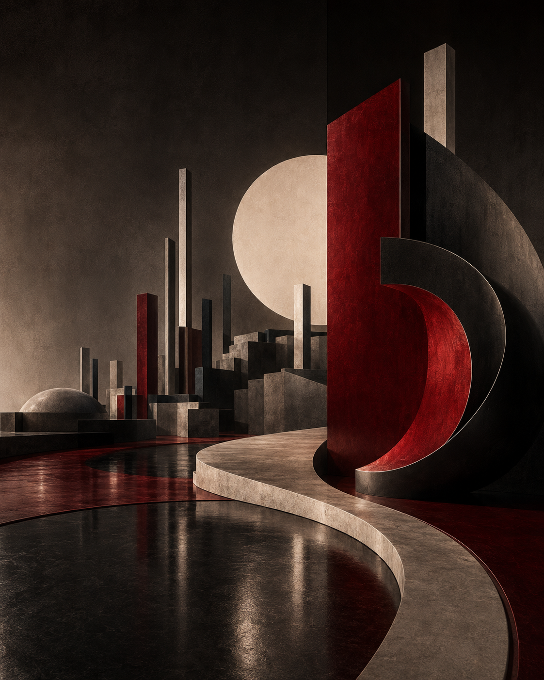 Abstract oxblood and graphite architectural forms arranged like a nocturnal city